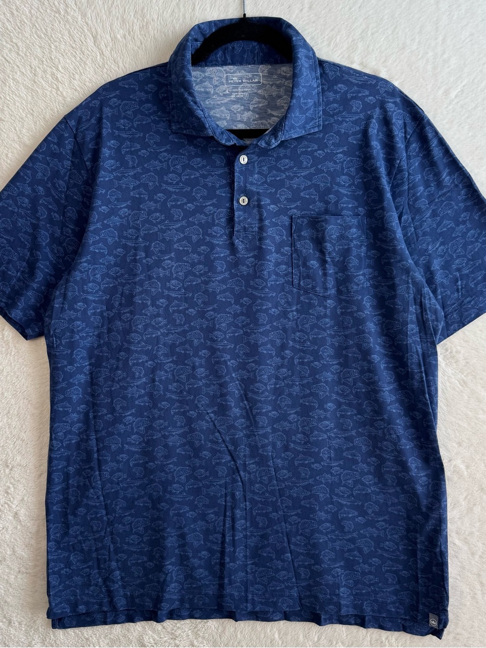 Peter Millar Pima Cotton Polo Shirt‎ Men’s Large Blue Fish Pocket Casual Golf